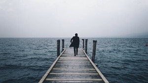 pier, man, sea, loneliness, horizon