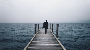 muelle, hombre, mar, soledad, horizonte