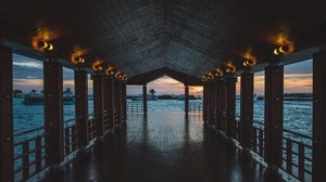 pier, boardwalk, the ocean, palm trees, evening