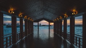 muelle, paseo marítimo, el océano, palmeras, tarde