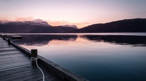 molo, montagne, lago, corda, tramonto - wallpapers, picture