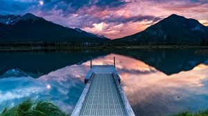 pier, mountains, lake, shore