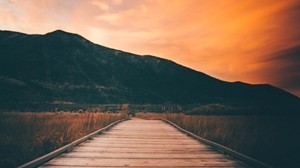 pier, mountains, sunset, boardwalk, wooden, flooring