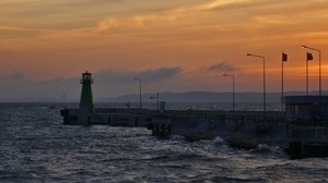 pier, lighthouse, sea, waves, sunset