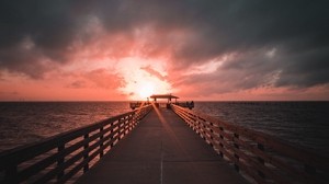 pier, sea, horizon, sunset, cloudy