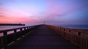 muelle, faro, horizonte, amanecer, mar, cielo