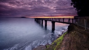 pier, sea, evening, clouds, stones, moss - wallpapers, picture