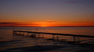 桟橋、海、夕日、地平線、夕暮れ