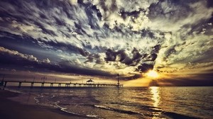 pier, sky, clouds, colors, paints, shore, evening