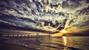 muelle, cielo, nubes, colores, pinturas, orilla, tarde