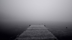 pier, suspense, fog, black and white