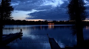 muelle, noche, río, silueta, soledad