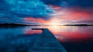 pier, lake, bridge, sunset