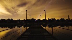 muelle, lago, puesta de sol, cielo estrellado