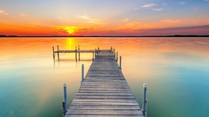 pier, lake, sunset, water, horizon