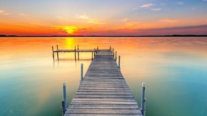 Pier, See, Sonnenuntergang, Wasser, Horizont