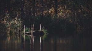 muelle, río, árboles, hierba, bosque