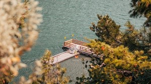 pier, river, lake, trees, top view - wallpapers, picture