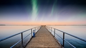 muelle, aurora boreal, horizonte, cielo, estrellas