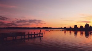 pier, silhouette, sunset, lake, loneliness - wallpapers, picture