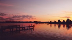 muelle, silueta, puesta de sol, lago, soledad