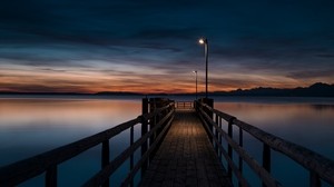 pier, water, lights, dusk, evening, wooden