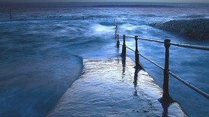 pier, water, sea, flood, railing