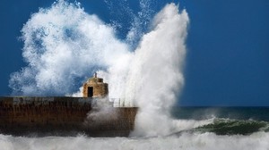 pier, breakwater, sea, wave, blow, ocean, storm, stone - wallpapers, picture