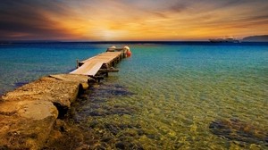 pier, breakwater, sea, sunset, evening, yacht, horizon, water, transparent - wallpapers, picture