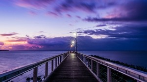 pier, sunset, horizon, sea, lilac, clouds