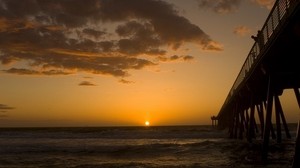 pier, sunset, sea, evening, tourists, clouds, horizon