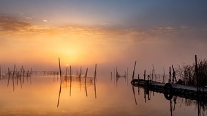 molo, tramonto, lago, reti da pesca