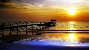 pier, sunset, evening, sea, reflection, calm, orange, fencing
