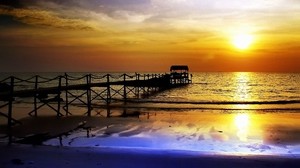 muelle, puesta de sol, tarde, mar, reflexión, calma, naranja, esgrima - wallpapers, picture