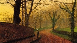 coño, arte, lienzo, otoño, carretera, niña, árboles, caída de hojas