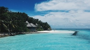 strand, maldiverna, bungalow, träd, tropiker, sommar