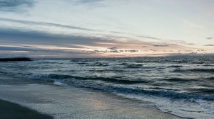 ビーチ、海、波、地平線、夕暮れ