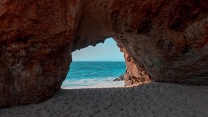 beach, rock, cave, sea, sand, water