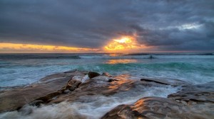 plates, sea, waves, orange, clearance, sunset, sky, colors - wallpapers, picture