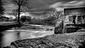 dam, river, house, water, black and white