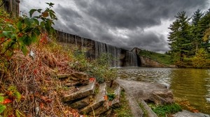 presa, agua, descenso, escalones, orilla