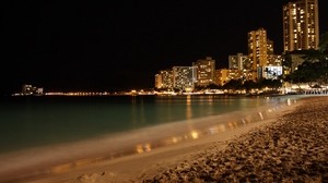 spiaggia, costa, sabbia, città, luci, notte, grattacieli