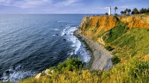 coast, sea, lighthouse, waves, day - wallpapers, picture