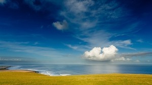 coast, sky, cloud, ocean, meadow, glade, land, blue, green - wallpapers, picture