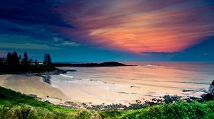coast, ocean, waves, sand, beach, vegetation, sky, evening, bay, colors, calm