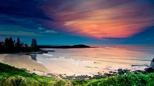 kust, hav, vågor, sand, strand, vegetation, himmel, kväll, vik, färger, lugn