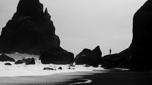 coast, silhouettes, black and white (bw), surf, cliff