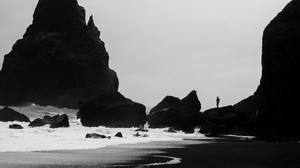 costa, siluetas, blanco y negro (bw), surf, acantilado - wallpapers, picture