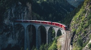 train, mountains, top view, bridge, railway