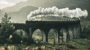 train, railway, bridge, mountains, smoke, glenfinnan, viaduct, united kingdom - wallpapers, picture